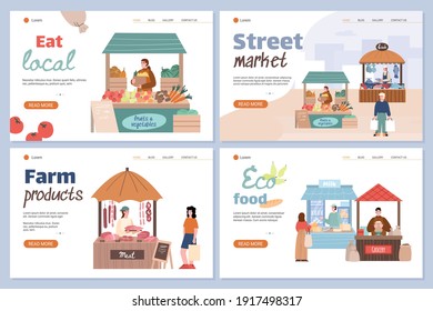 Stalls of local market with sellers and buyers. Street shops with fresh farmers organic food. Landing page templates with small business concept. Flat vector illustrations.