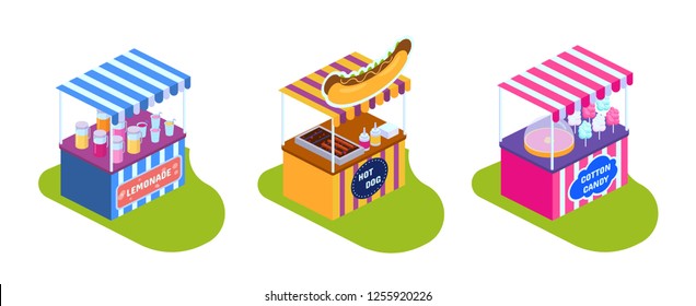 Stalls, Showcases With Street Food Market, Drinks, Sweets. Street Stall With Kiosk Lemonade, Shop Hot Dogs, City Fast Food, Sweet Ice Cream. Children's Game Park Of Attractions. Isometric Vector.