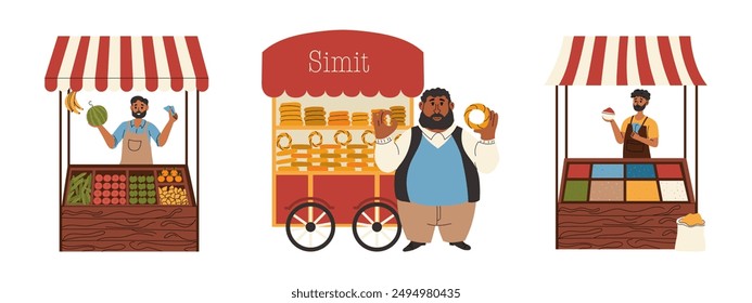 Stalls with vegetables, spices, bagels. Turkish market set. Vector illustration.