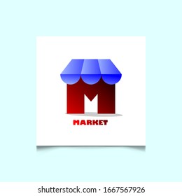 stall-shaped mock logo with the letter M