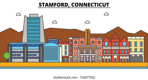 Stamford, Connecticut. City skyline: architecture, buildings, streets, silhouette, landscape, panorama, landmarks. Editable strokes. Flat design line vector illustration concept. Isolated icons