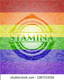 Stamina emblem on mosaic background with the colors of the LGBT flag