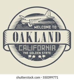 Stamp with airplane and text Welcome to California, Oakland, vector illustration.