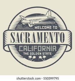 Stamp with airplane and text Welcome to California, Sacramento, vector illustration.