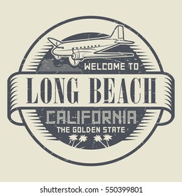 Stamp with airplane and text Welcome to California, Long Beach, vector illustration.