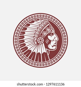 Stamp of american indian male head profile. Vector illustration