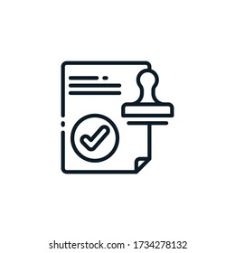 Stamp with approved document, agreement, confirmed outline icon. Vector illustration. Editable stroke. Isolated icon suitable for web, infographics, interface and apps.
