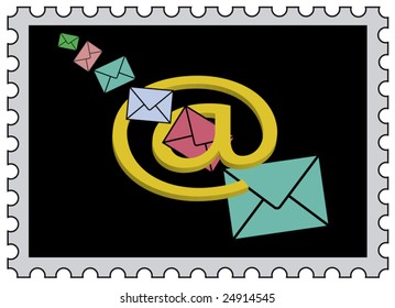stamp with  a at-sign and letters flying trough space