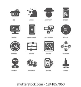 Stamp, Bitcoin, Blockchain, Hacker, Network, Ico, Mining, Monero, Exchange, Anonymity icon 16 set EPS 10 vector format. Icons optimized for both large and small resolutions.