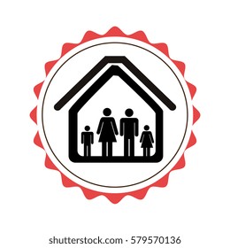 stamp border with silhouette family in house pictogram