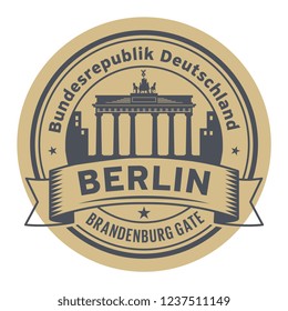 Stamp with Brandenburg gate and the words Berlin, Republic of Germany (on german language) written inside, vector illustration