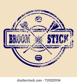 Stamp with broomstick text and pumpkin icons. Round shape. Grunge distress texture. Crossed brooms