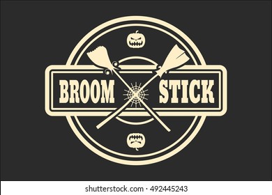 Stamp with broomstick text and pumpkins. Round shape seal. Monochrome style