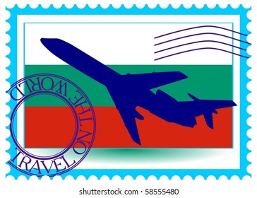Stamp "Bulgaria (Sofia), travel by plane on the world" vector eps10
