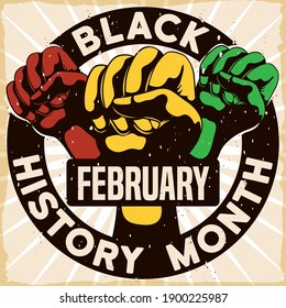 Stamp with button and fists with traditional African colors, promoting the Black History Month on February.