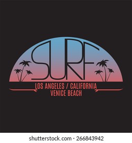 Stamp of California surfing for typography. It is a vector print for design of your t-shirt and for use in other spheres.