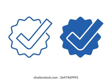 Carimbo com marca de verificação.Concluído, aprovado. Conta de mídia social do crachá verificada. Sinal garantido. Ícone linear de vetor isolado no plano de fundo branco.
