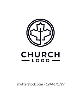 stamp church logo design vector for community with symbol of maple leaf or canada concept idea