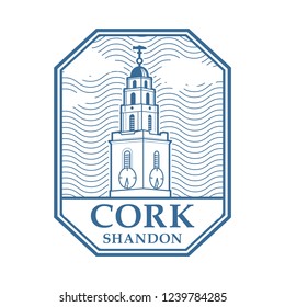 Stamp with The Clock Tower of St Annes church, and the words Cork, Shandon written inside, vector illustration