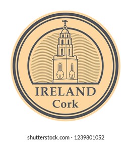 Stamp with The Clock Tower of St Annes church, and the words Ireland, Cork written inside, vector illustration