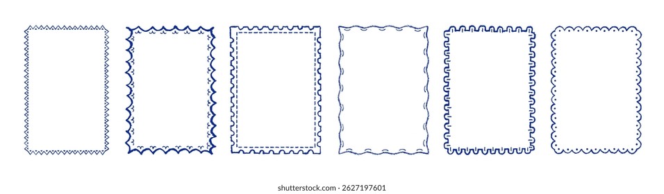 Stamp coastal frames. Vintage squiggle borders. Hand drawn frame for menu, wedding invitation, coastal party. Italian ornament border design. Doodle wiggle retro stamp poster. Scallop crayon emblem bg