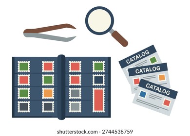 Stamp collecting supplies including blue album pages with colorful postage stamps plus philatelic tools and brochures