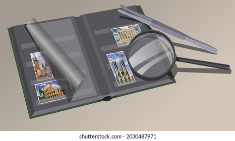 Stamp collection, album, lens and tweezers for postage stamps. Vector.