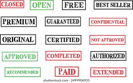 Stamp collection consisting of free stamps, closed, open, best seller, premium, guaranteed, confidential, original, certified, approved-not approved, completed, authorized, recommended, paid, extended