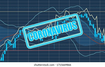 Stamp with Coronavirus text over world map and financial chart. Medical science relative theme.