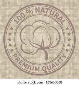 Stamp with the cotton and the text 100% natural, premium quality