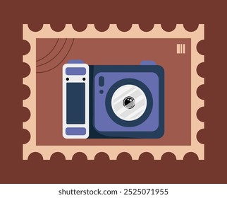 Stamp from country. Camera for tourists. Travel and tourism. Pack for philatelist. Holiday and vacation. Sticker for social networks. Flat vector illustration isolated on brown background