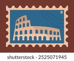 Stamp from country. Coliseum silhouette. Rome and Italy. Travel and tourism. Pack for philatelist. Holiday and vacation. Flat vector illustration isolated on brown background