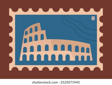 Stamp from country. Coliseum silhouette. Rome and Italy. Travel and tourism. Pack for philatelist. Holiday and vacation. Flat vector illustration isolated on brown background