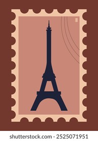 Carimbo do país. Silhueta Torre Eiffel. Paris e França. Viagens e turismo. Pacote para filatelista. Férias e férias. Ilustração de vetor plano isolada no plano de fundo marrom