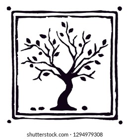 Stamp curved olive tree in a frame, natural looking. Logo symbol.