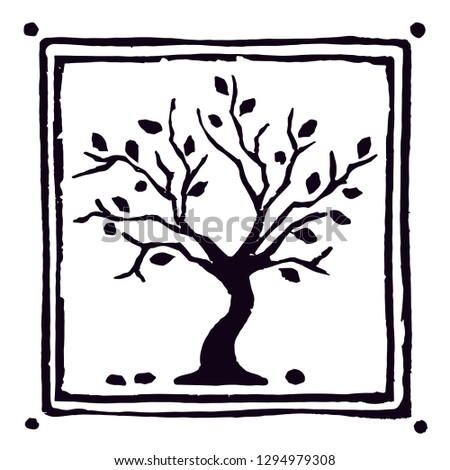 Stamp curved olive tree in a frame, natural looking. Logo symbol.
