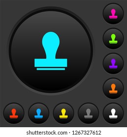 Stamp dark push buttons with vivid color icons on dark grey background