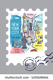 Stamp With A Decorative Map Of New York And A Stamp With The Inscription Welcome. Banner For Travel Site In America, Guides, Cards, Maps. Sights And Main Elements Of A Big City. Vector Illustration.