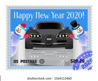 Stamp dedicated to the happy new year 2020 with the image of snowmen and a sports car EPS10