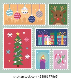 Stamp design with Christmas illustration. Christmas tree, Rudolph, beads, ornaments, candles, gift boxes, etc.