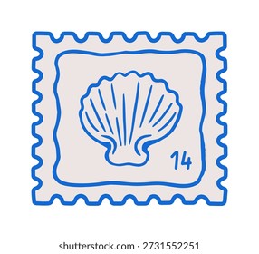 Diseño de sello con concha de vieira en estilo doodle Dolce vita. Marca postal de vacaciones italianas con concha marina. Matasellos dibujados a mano, recuerdo de viaje de vacaciones de verano. Ilustración vectorial plana