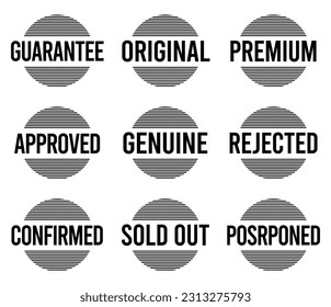 Stamp design set - premium quality, guaranteed, approved, sold out, postponed, confirmed, genuine, original.