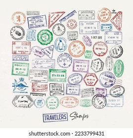 Stamp from different countries colorful icon set with lettering love traveler