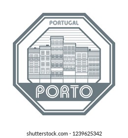 Stamp with district of Ribeira buildings and the words Porto, Portugal, written inside, vector illustration