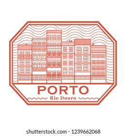 Stamp with district of Ribeira buildings and the words Porto, River Douro, written inside, vector illustration