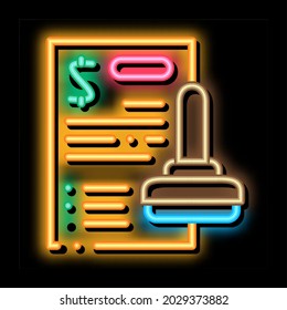 Sello Documento vector de señal de luz de neón. Icono brillante Señal del documento de marca. ilustración de símbolo transparente