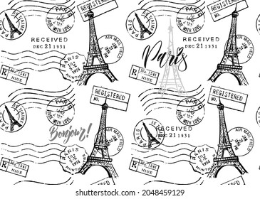 Stamp with Eiffel Tower Seamless vector Pattern.