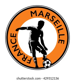 Stamp or emblem with football (soccer) and text France, Marseille, vector illustration
