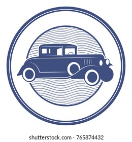 Stamp or emblem with vintage car inside, vector illustration