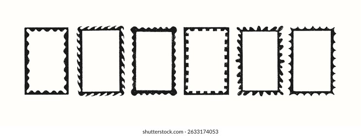 Stamp empty greeting cards with crayon elements on white background. Doodle squiggle frames with chalk ornament for greeting cards. Vector template in school hand drawn style.